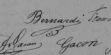 Signature de Jean Célestin BERNARDIN accompagnée de trois points en triangle au bas de son acte de mariage en date du 12 avril 1890 à Gond-Pontouvre (16).