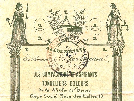 Invitation card for a ball organised in 1908 by the coopers’ brotherhood of Tours.