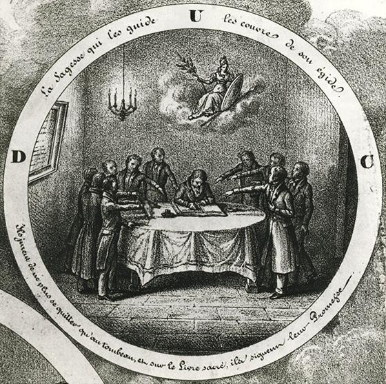 Le serment, détail d’une lithographie des compagnons toiliers, vers 1850