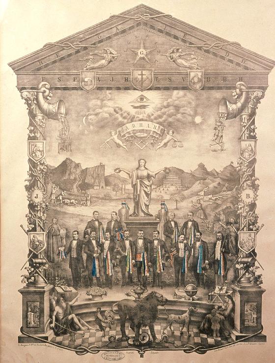 Lithograph, “The Union of Building Trades”, circa 1875, featuring a number of symbols of Masonic origin