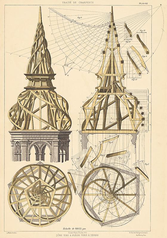 Technical drawing of the carpentry work for a spiral steeple by Mazerolle, late 20thcentury.